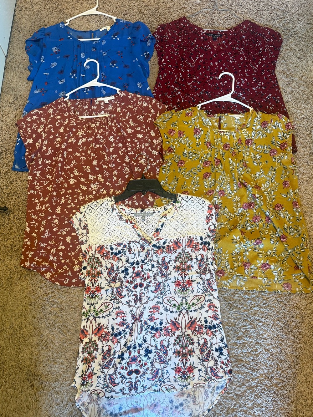 5 Mixed Floral Women's Tops Pack - Blue, Burgundy, Rust, Mustard, White